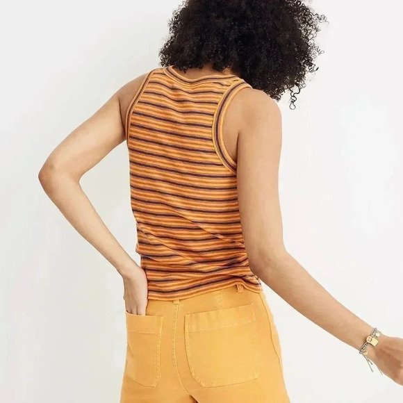 Madewell XS Audio Knot-Front Tank Top Striped Rust Navy Blue Yellow Gold L8971 - Picture 8 of 9